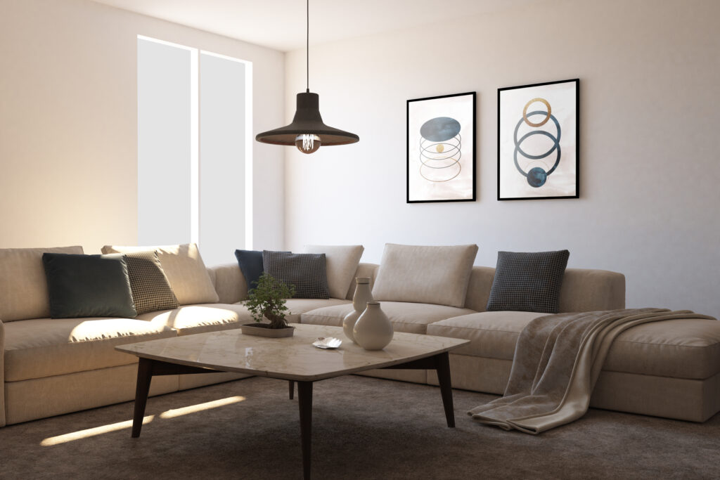 Home 1 Ruang tamu elegan yang dilengkapi dengan produk elektronik lampu